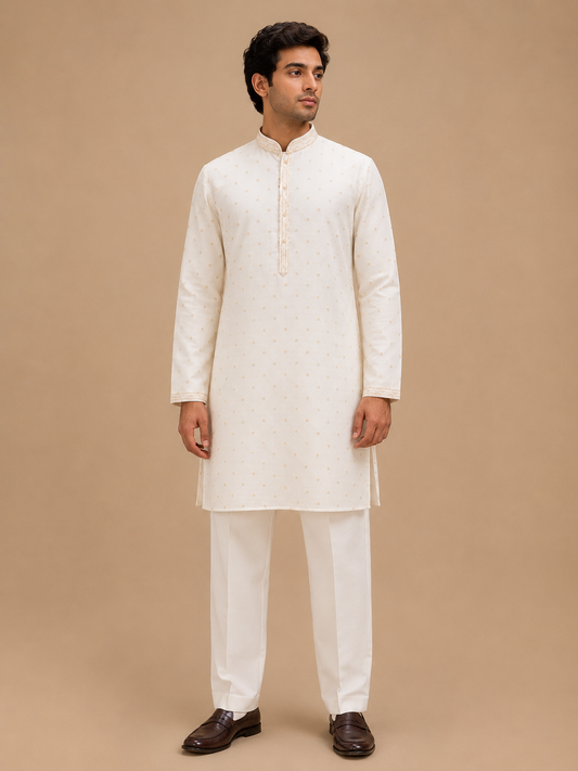 Men's cream printed kurta with white trousers