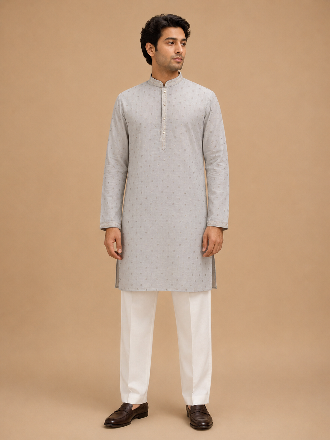 Men’s Brown Printed Kurta with White Trousers | Elegant Festive Ethnic Wear