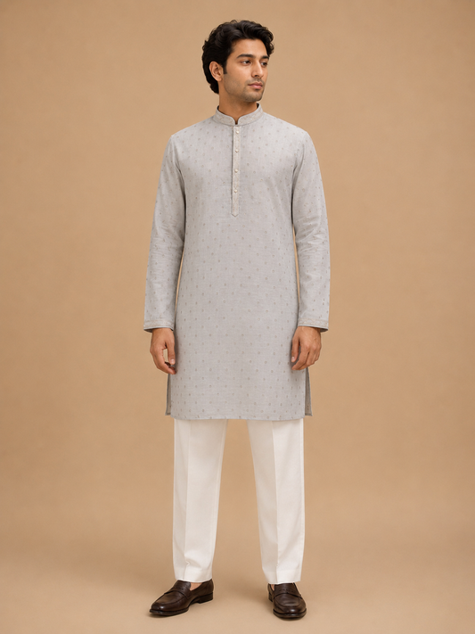 Men's brown printed kurta with white trousers