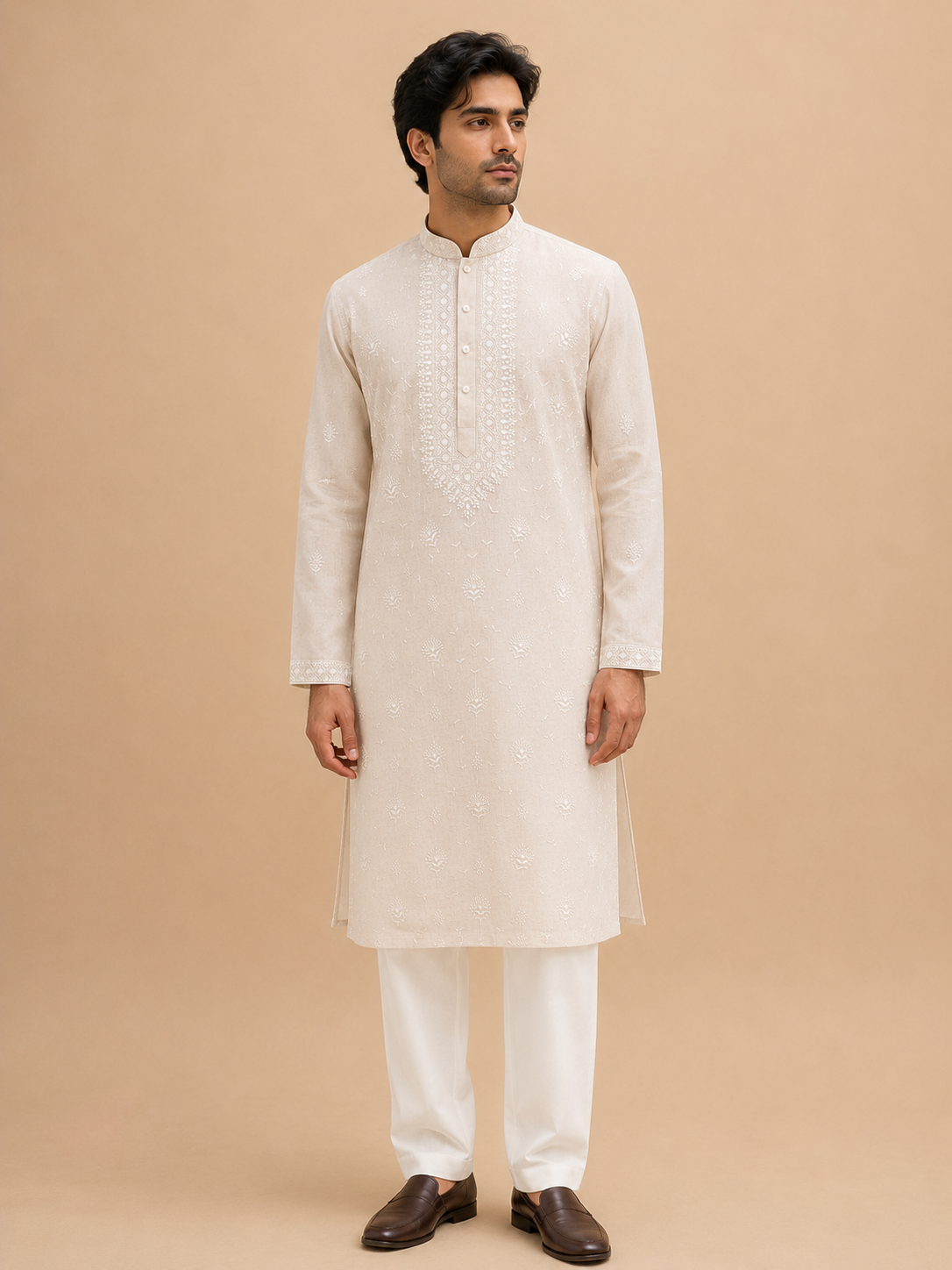Men’s Gold Kurta with White Embroidery & Trousers | Elegant Festive Ethnic Wear