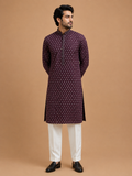 Men’s Wine Colour Printed Kurta with White Trousers | Festive Ethnic Wear