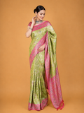 Women’s Green Saree with Pink Woven Border & Floral Motif Print | Festive Wear