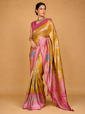 Women’s Yellow Saree with Pink Woven Border & Floral Motifs | Festive Wear