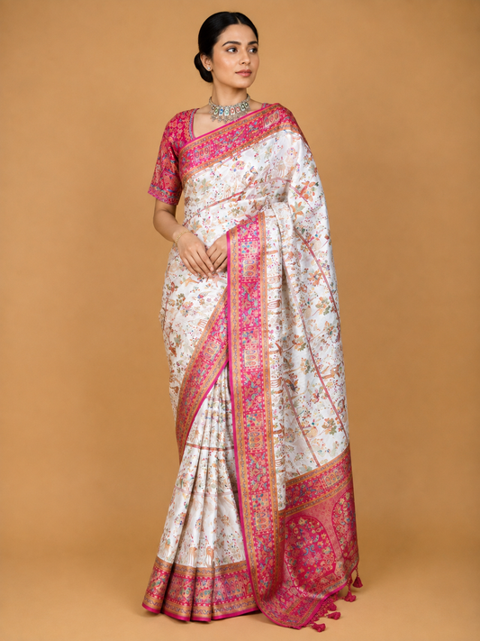 Women’s Cream Saree with Floral Print & Rich Pink Traditional Border | Festive Wear