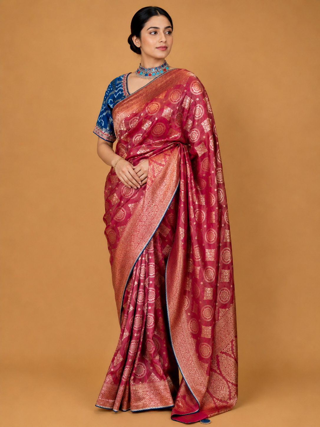 Women’s Rust Saree with Gold Traditional Motifs & Rich Woven Border | Festive Wear