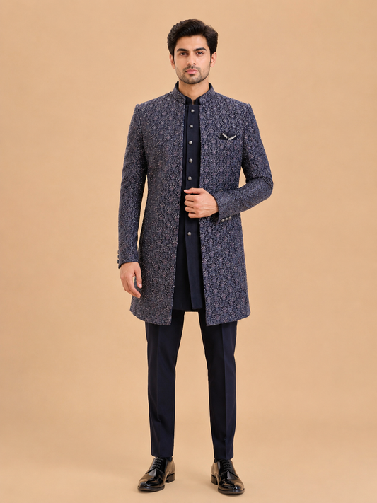 Navy Blue Designer Sherwani Set for Men with Intricate Embroidery