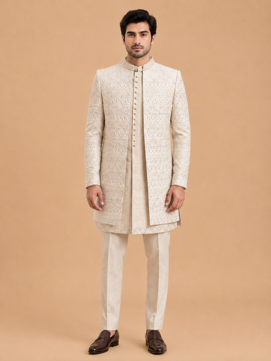 Ivory Designer Sherwani Set for Men with Intricate Embroidery & Mandarin Collar