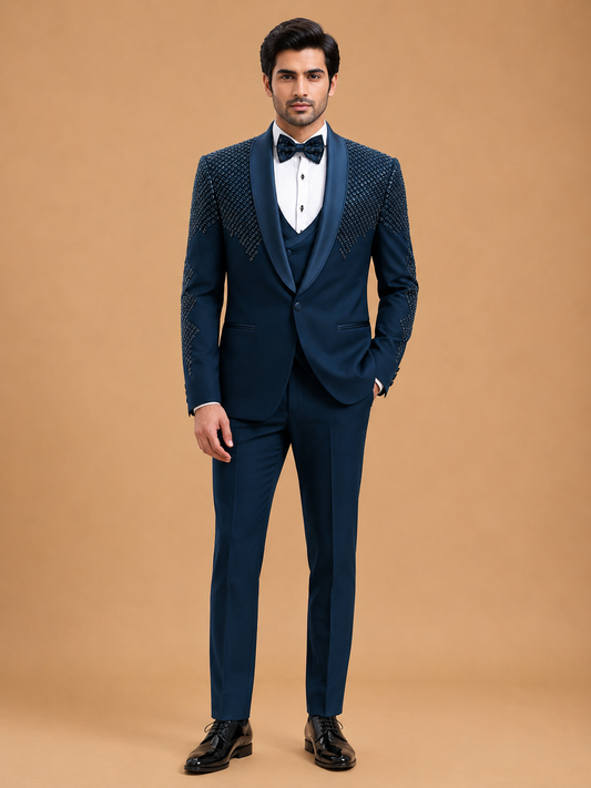 Luxury Midnight Blue Designer Tuxedo Suit for Men with Embellished Shoulders | Premium Wedding Reception & Black Tie Formal Suit