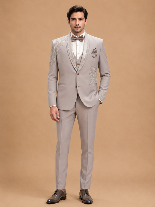 Luxury Ivory Embellished Three-Piece Suit for Men with Embroidered Shawl Lapel | Premium Wedding, Reception & Groom Formal Wear