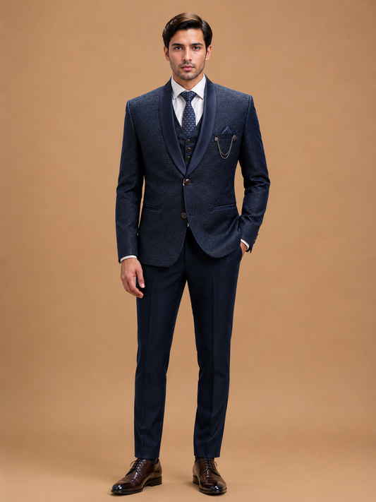 Luxury Navy Blue Jacquard Three-Piece Men's Suit with Satin Shawl Lapel | Designer Wedding Reception & Formal Party Wear Suit