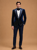 Luxury Midnight Blue Velvet Embellished Tuxedo Suit for Men with Satin Peak Lapel | Premium Wedding, Reception & Black-Tie Formal Wear