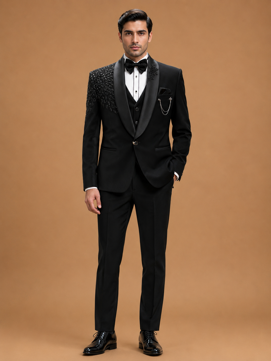 Luxury Black Designer Tuxedo Suit for Men with Embellished Shawl Lapel | Premium Wedding Reception & Black Tie Formal Suit
