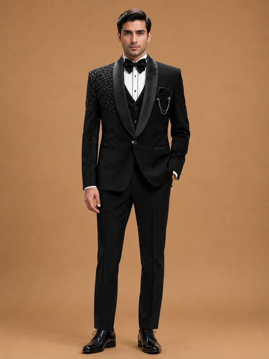 Luxury Black Designer Tuxedo Suit for Men with Embellished Shawl Lapel | Premium Wedding Reception & Black Tie Formal Suit