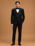 Luxury Black Embroidered Tuxedo Suit for Men with Satin Shawl Lapel | Premium Wedding & Reception Formal Wear