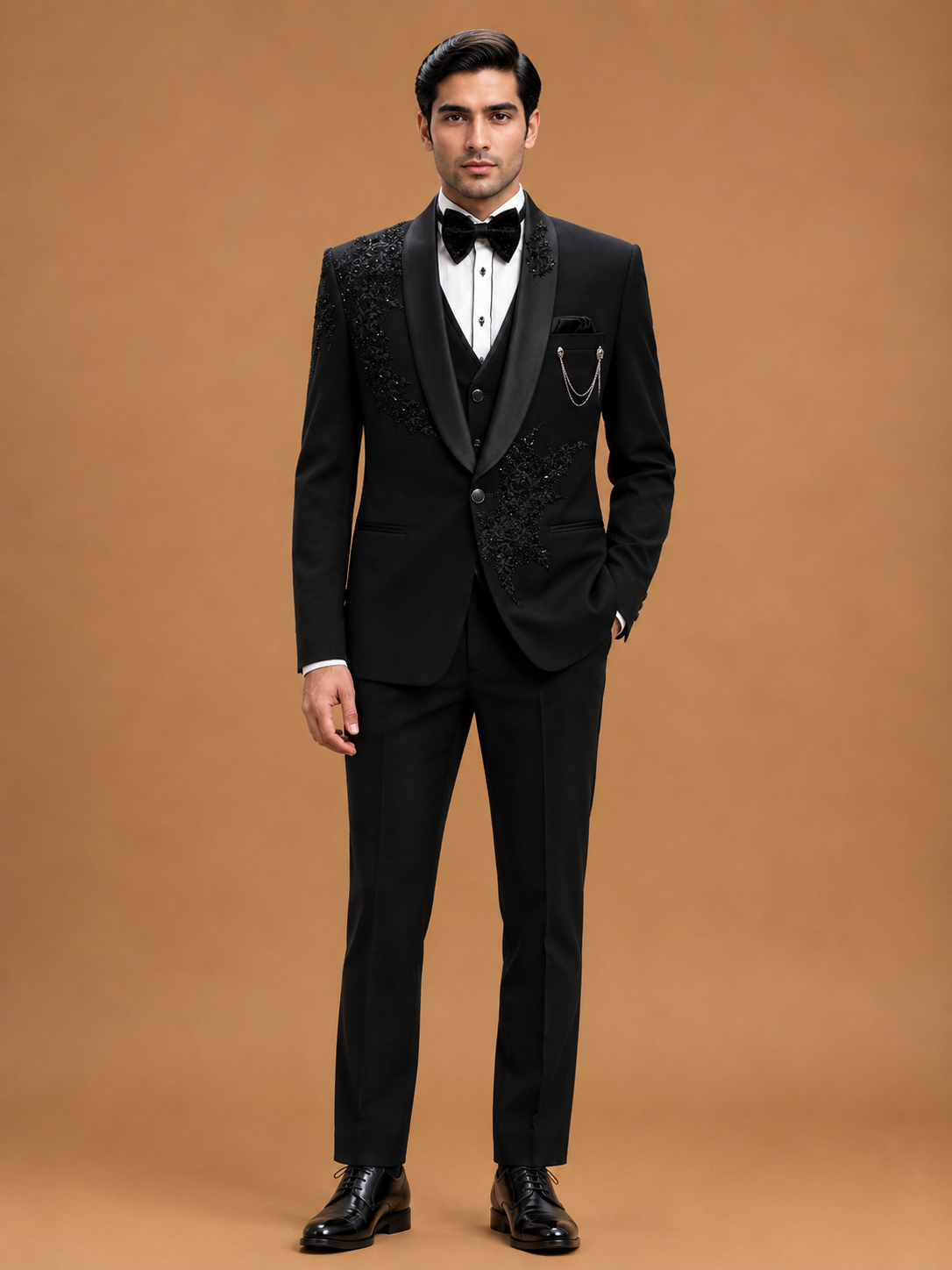 Luxury Black Embroidered Tuxedo Suit for Men with Satin Shawl Lapel | Premium Wedding & Reception Formal Wear