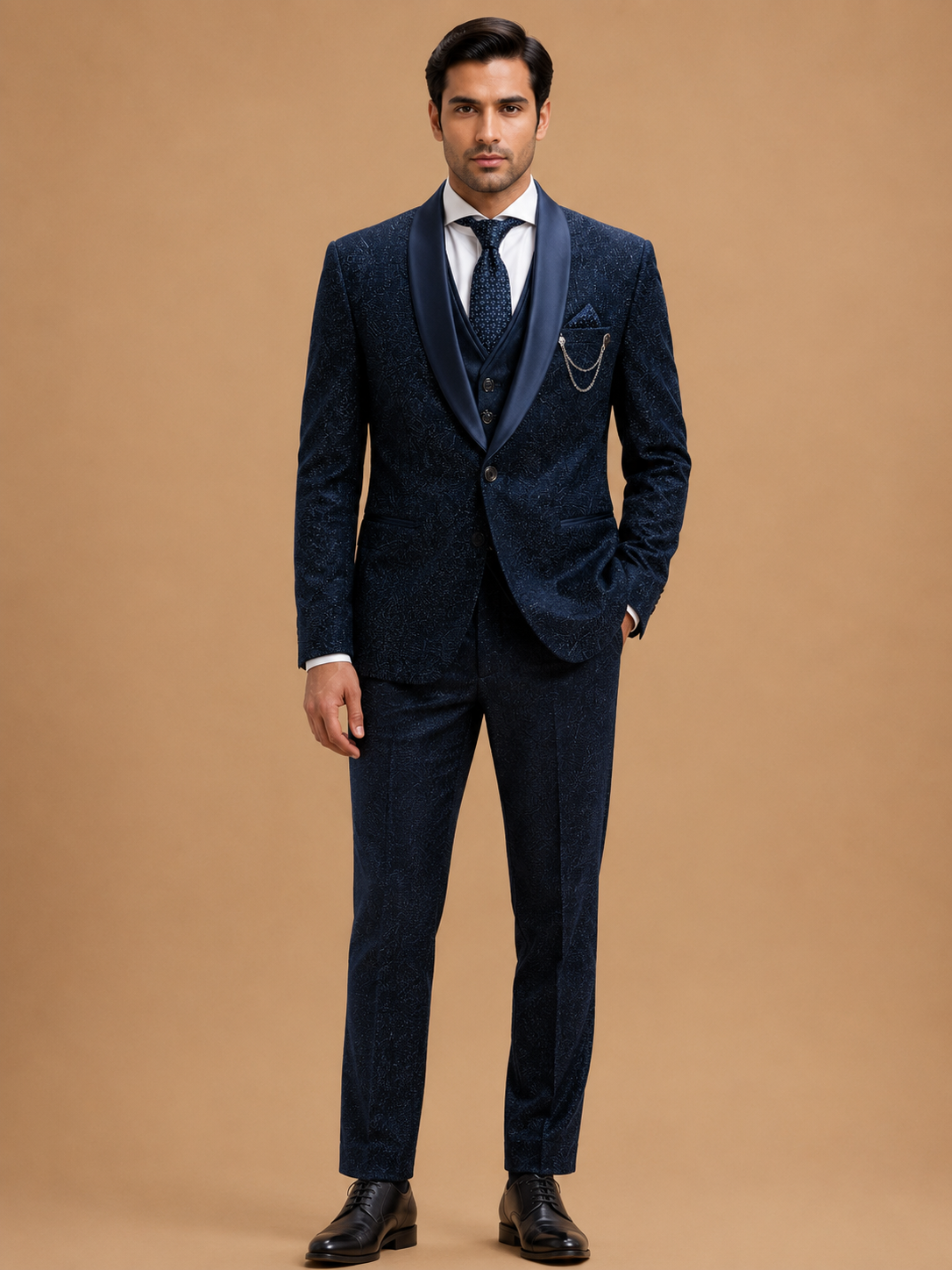 Luxury Navy Blue Designer Three-Piece Suit for Men with Satin Shawl Lapel | Premium Wedding Reception & Formal Party Wear Suit