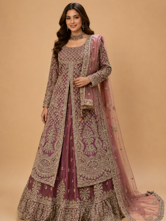 "Dusty Mauve Heavy  Embroidered  Jacket Style  Lehenga Set with  Net Dupatta"