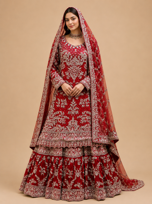 Bridal Red Heavy Embroidered Sharara Suit Set with Net Dupatta