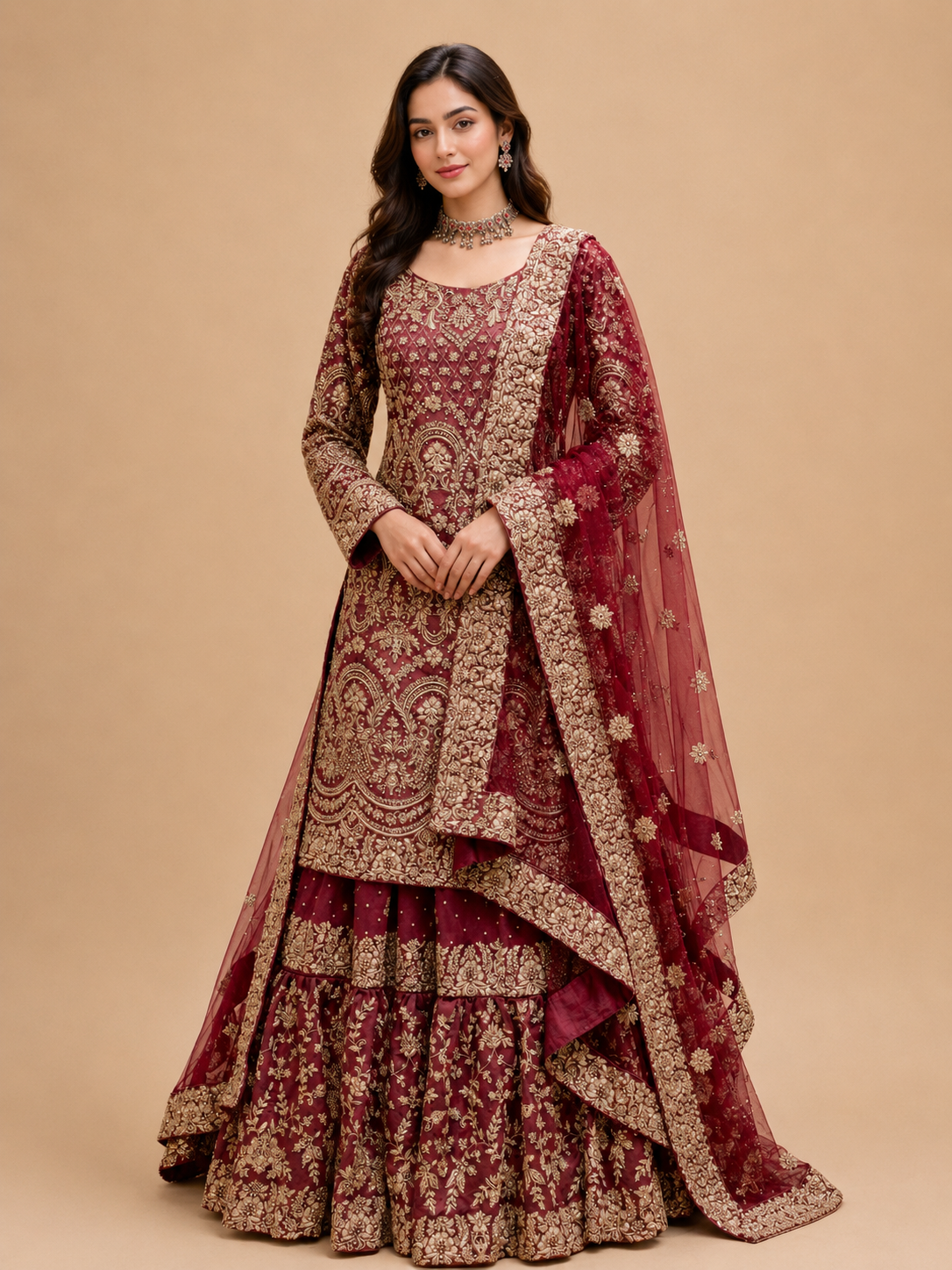 Maroon Heavy Embroidered Sharara Suit Set with Net Dupatta