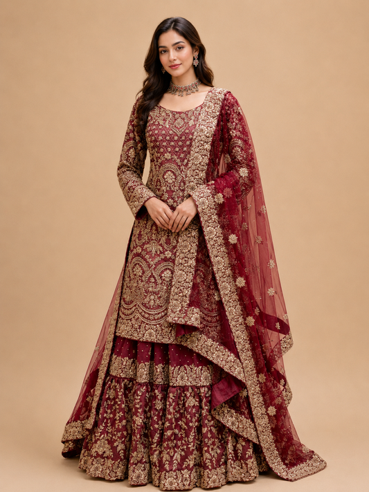 Maroon Heavy Embroidered Sharara Suit Set with Net Dupatta