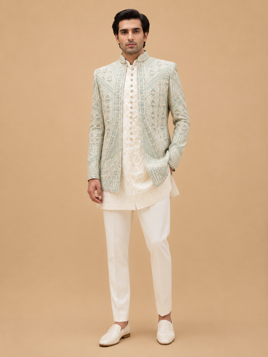 Premium Sage Green Embroidered Indo-Western Sherwani Set for Men | Wedding & Reception Wear