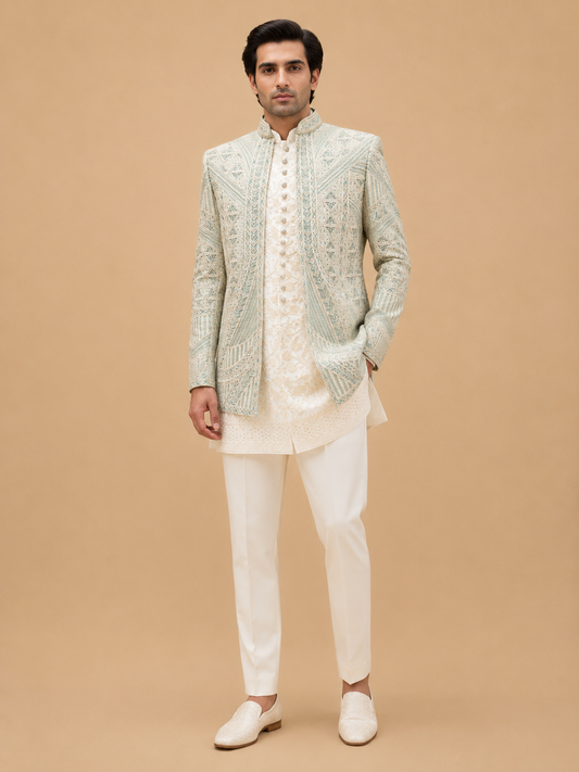 Premium Sage Green Embroidered Indo-Western Sherwani Set for Men | Wedding & Reception Wear