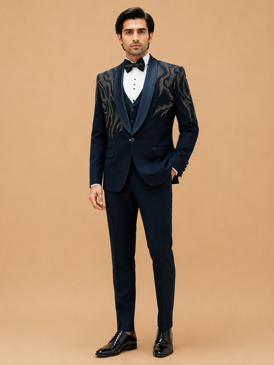 Luxury Midnight Blue Embroidered Tuxedo Suit for Men | Premium Designer Wedding, Reception & Black Tie Wear