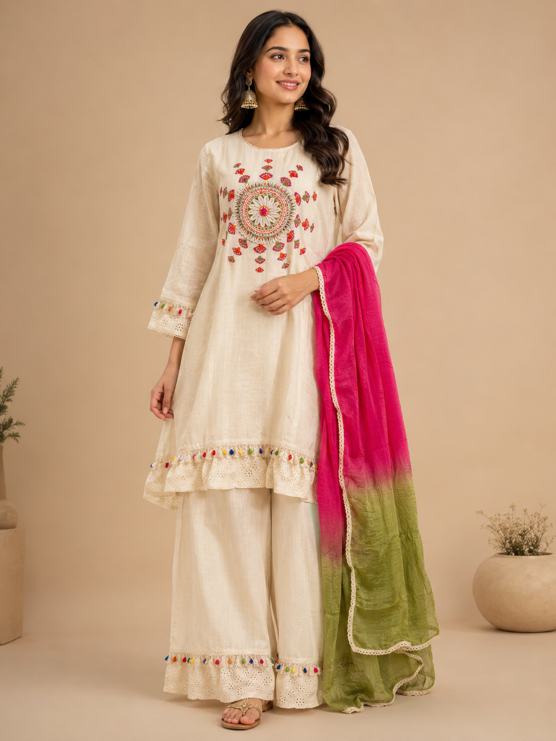 Off White Embroidered Cotton Kurti Set for Women with Pink & Olive Dupatta | Festive Ethnic Suit Set