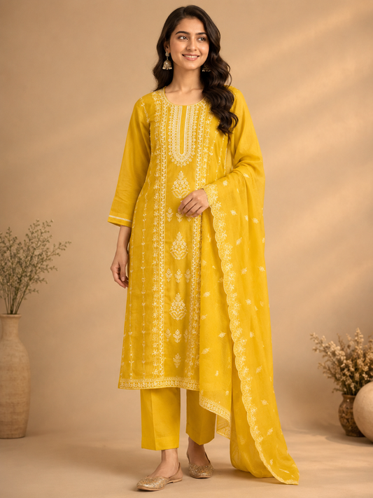 Yellow embroidered cotton kurta set with dupatta