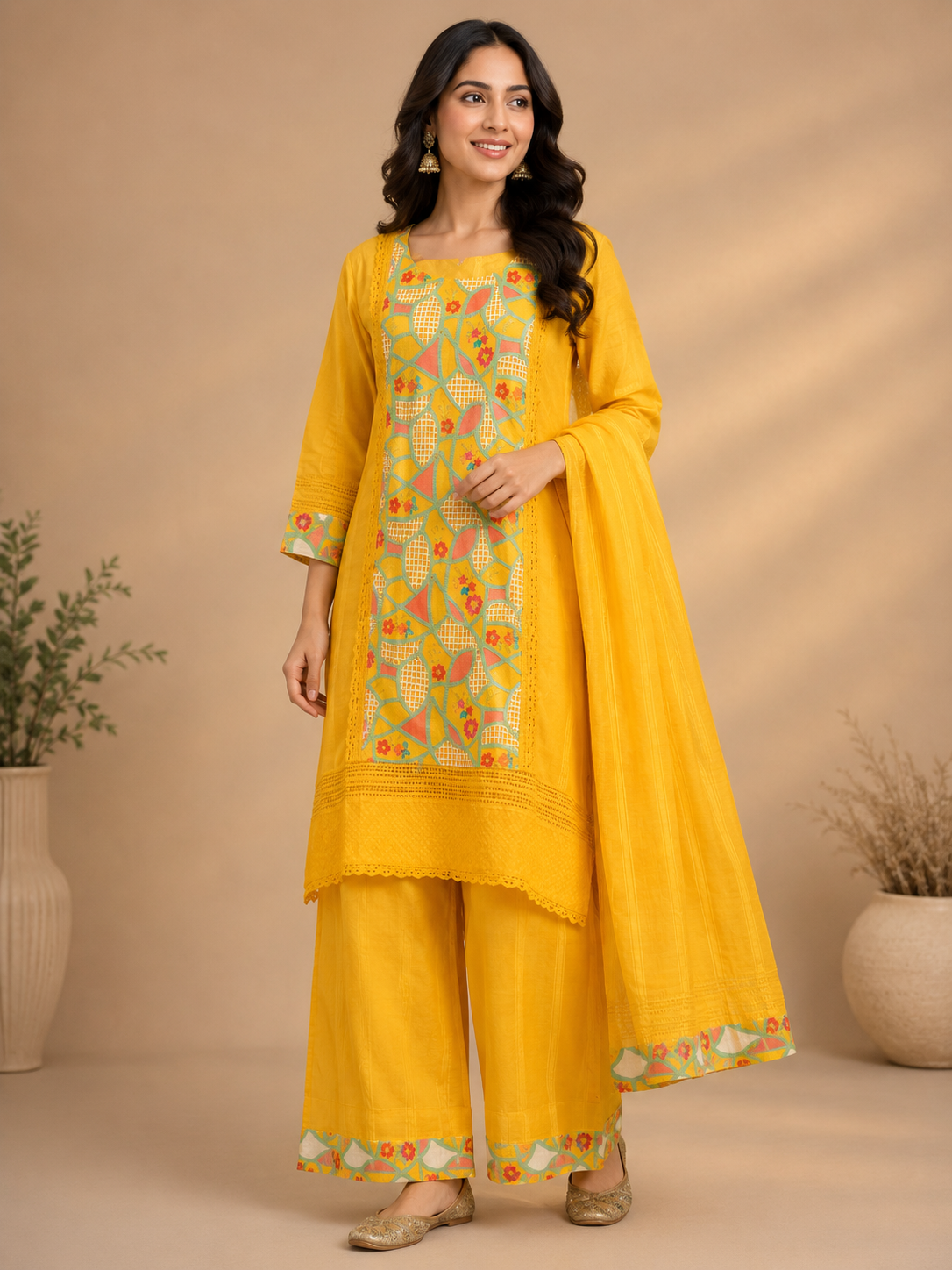 Yellow Printed Cotton Kurti Set for Women with Dupatta | Festive Ethnic Suit Set