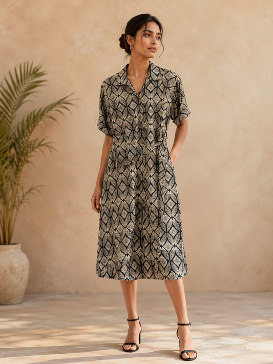 Black & Beige Geometric Printed Midi Dress for Women | Elegant Casual & Smart Casual Wear