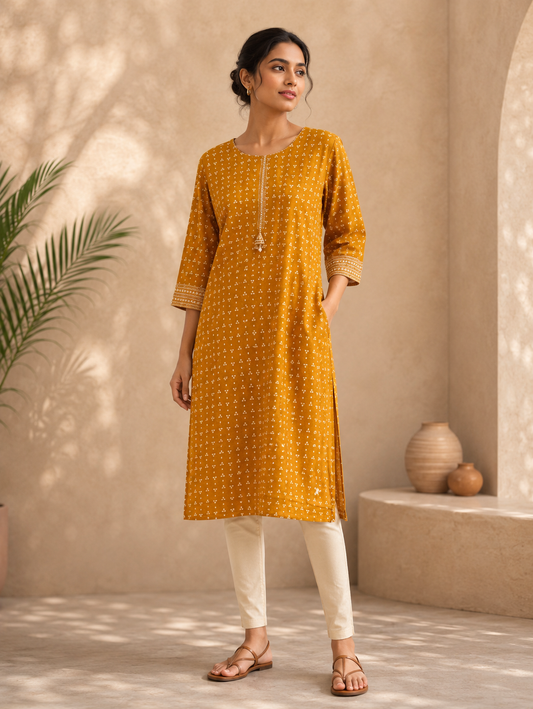Mustard yellow straight printed cotton kurti for women