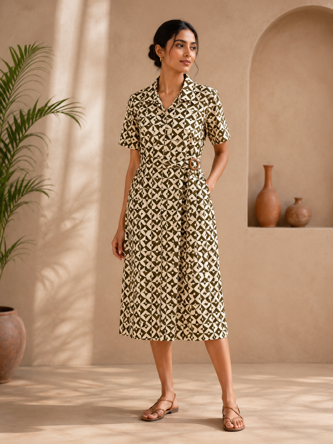 Brown geometric printed straight cotton kurti for women