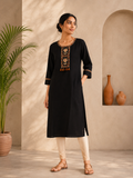 Black embroidered straight cotton kurti for women