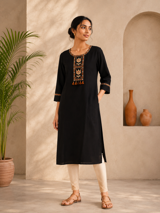 Black Embroidered Straight Cotton Kurti for Women | Elegant Ethnic Daily & Office Wear Kurta