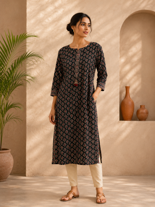 Black Straight Cotton Kurti for Women | Printed Daily Wear Ethnic Kurti