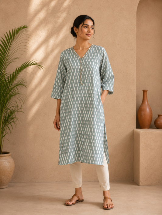 Aqua Straight Cotton Kurti for Women | Printed Daily Wear Ethnic Kurti