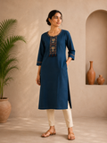 Teal embroidered straight cotton kurti for women