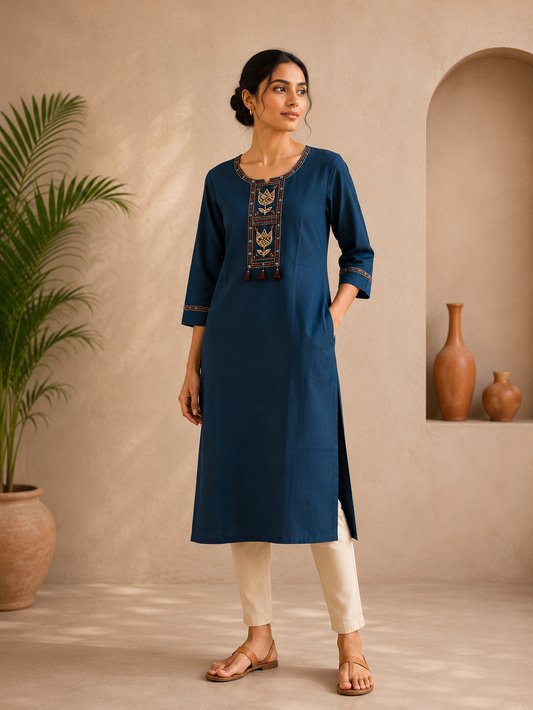 Teal embroidered straight cotton kurti for women
