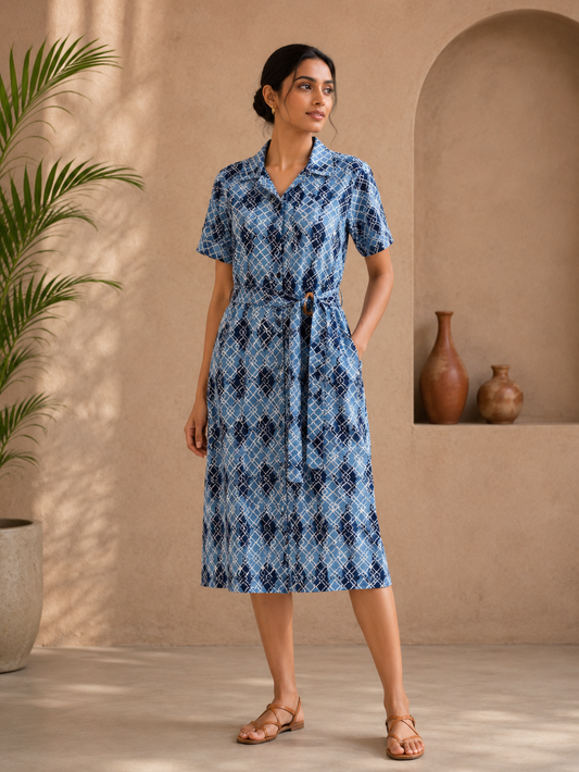 Blue Printed Straight Cotton Kurti for Women | Shirt Collar Casual & Office Wear Kurti