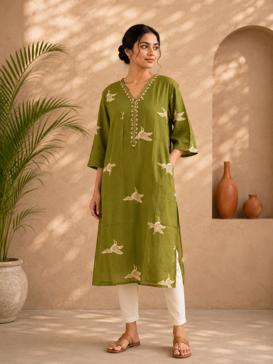 Olive Green Straight Cotton Kurti for Women | Embroidered Printed Daily Wear Ethnic Kurti