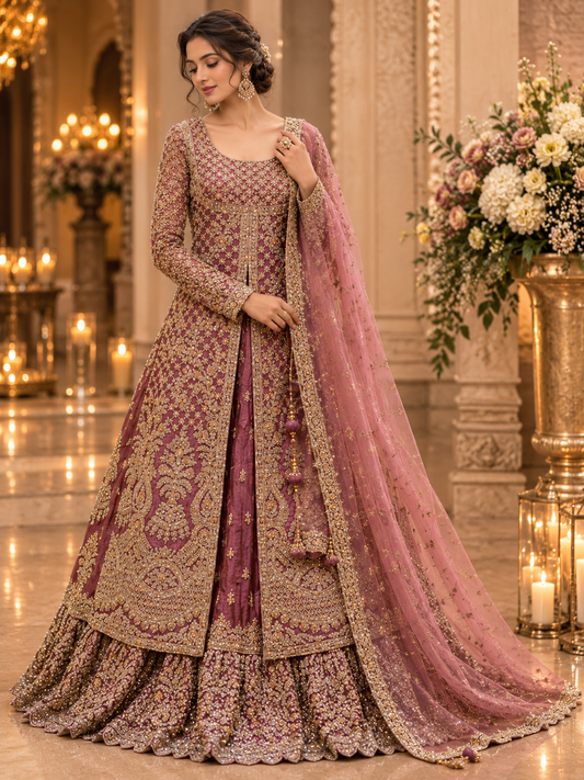 Dusty mauve heavy embroidered jacket style lehenga set - view 2