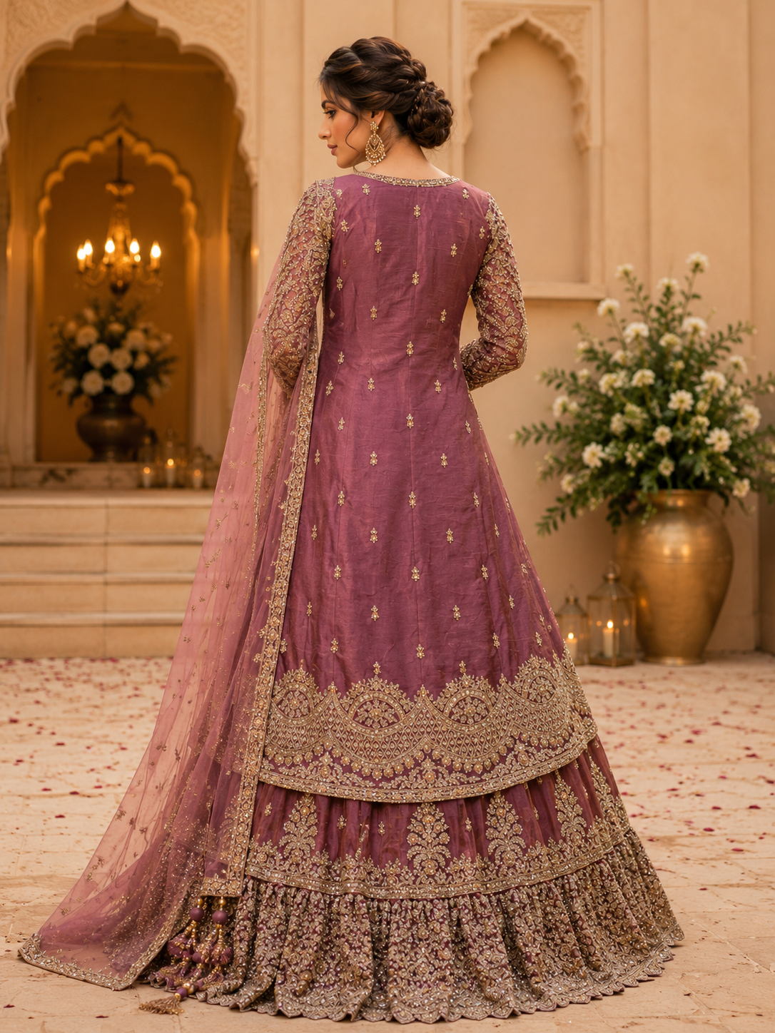 Dusty mauve heavy embroidered jacket style lehenga set - view 3