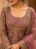Dusty mauve heavy embroidered jacket style lehenga set - view 4