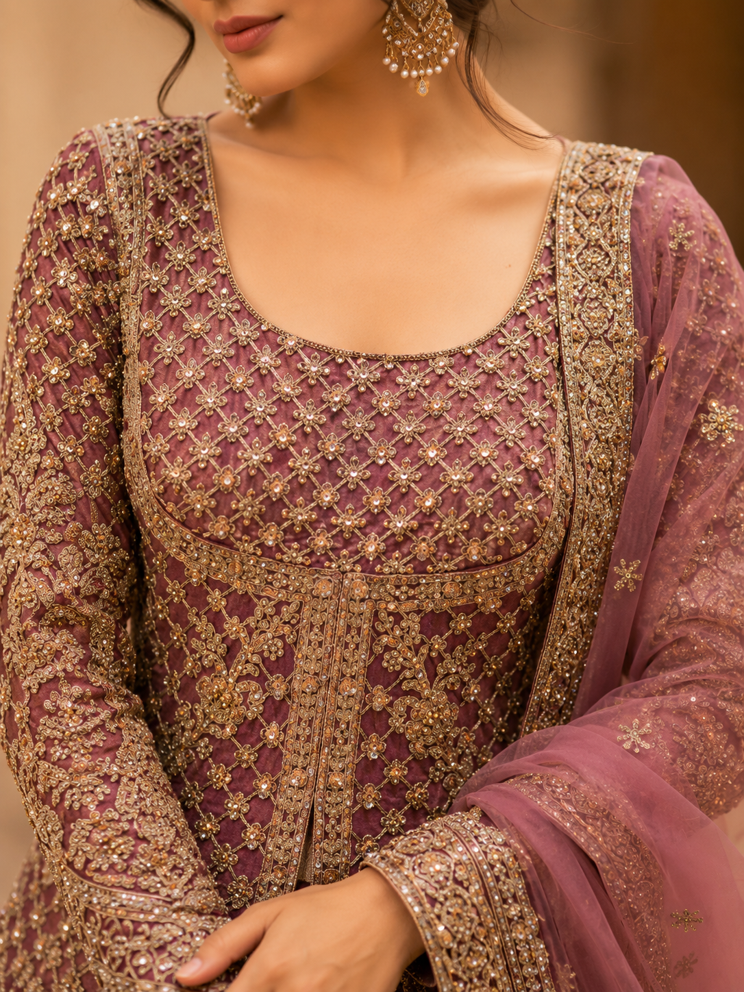 Dusty mauve heavy embroidered jacket style lehenga set - view 4