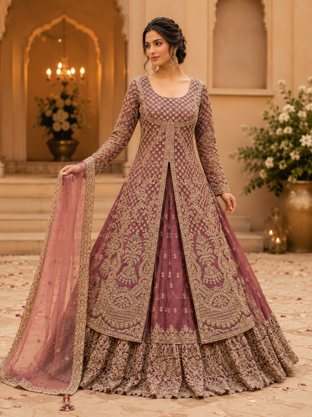 Dusty mauve heavy embroidered jacket style lehenga set - view 5