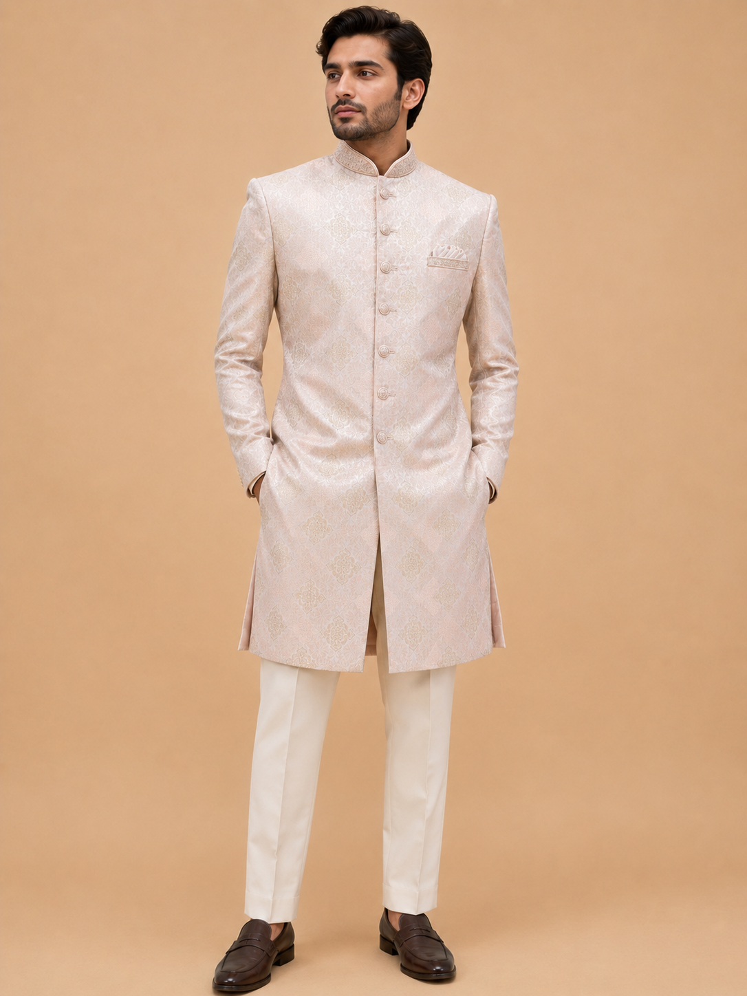 Blush Pink Jacquard Sherwani Set for Men – Premium Wedding & Groom Ethnic Wear