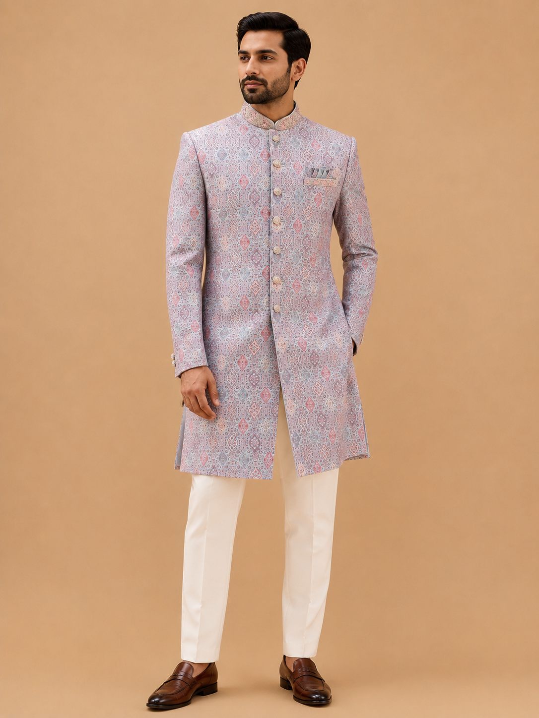 Men's Pastel Pink Jacquard Sherwani for Wedding & Reception | Designer Indo-Western Sherwani