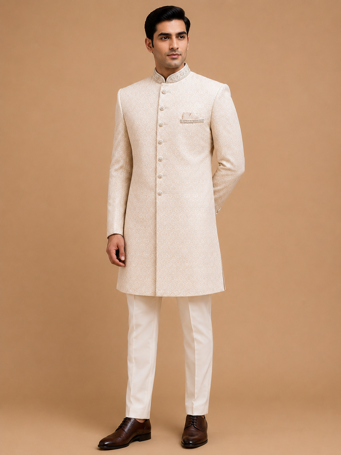 Men's Cream Jacquard Sherwani Set for Wedding & Reception | Designer Ethnic Wear