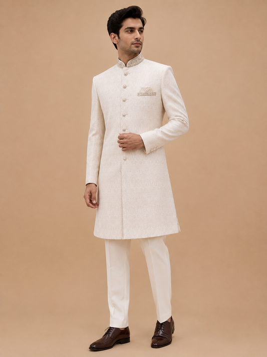 Men's Ivory Jacquard Sherwani Set for Wedding & Reception | Premium Designer Ethnic Wear